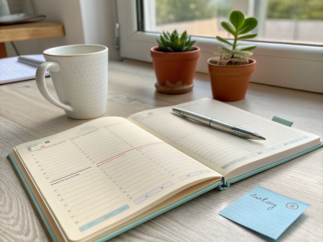 Detalhe de uma agenda diária estruturada e minimalista